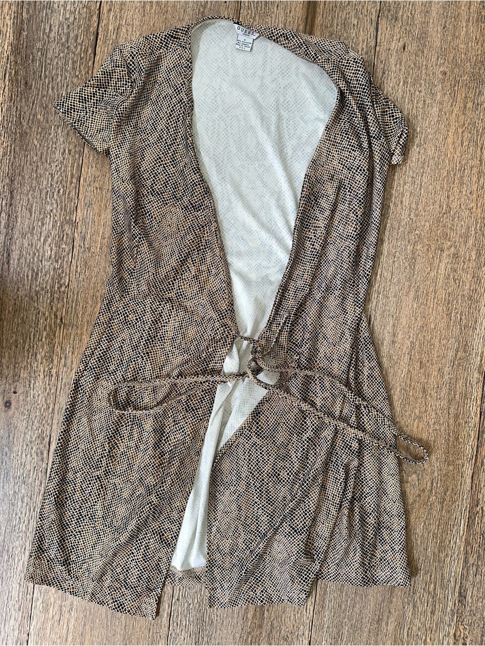 Vintage GUESS Jeans Snakeskin Print Wrap Dress Small Y2K Short Sleeve Brown Tan